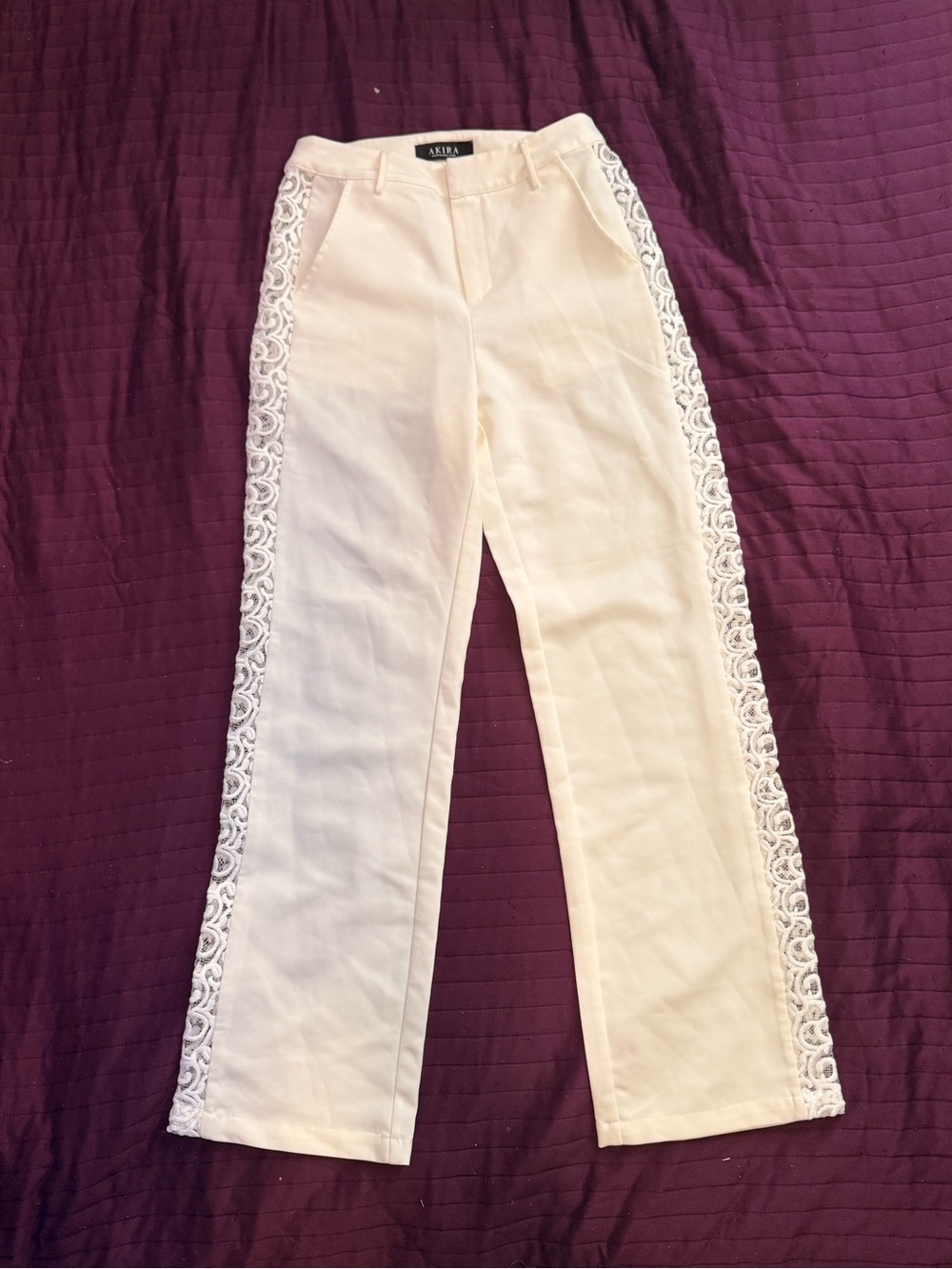 AKIRA Lucy Lace Detail Trouser Womens Small Ivory Sheer Panel Pants